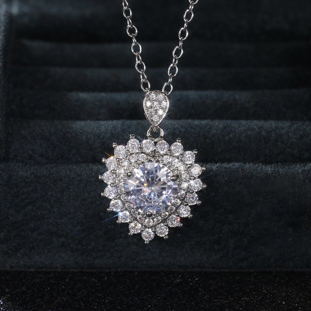 💎 Heart Full CZ Diamonds 925 Silver Plated Heart Necklace for Women, EVGG1107